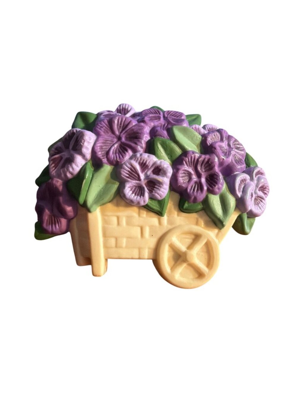 Vintage Hallmark Pin Brooch Pansies Flower Cart Resin Estate Purple Green 2"